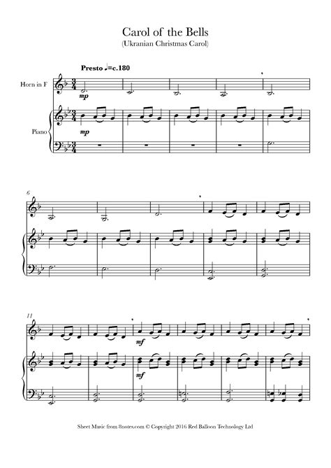 Carol Of The Bells Sheet Music For French Horn
