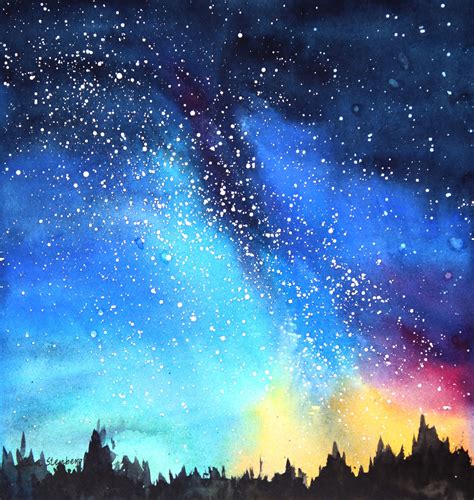 Milky Way Starry Night Sky Painting Original Watercolor Etsy
