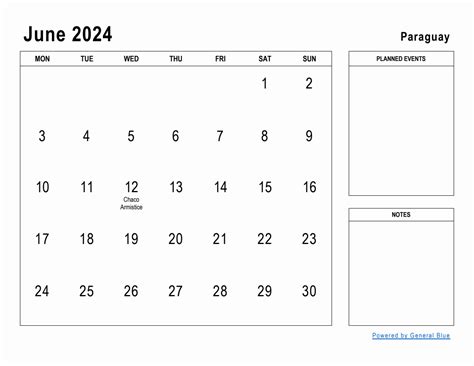 June 2024 Planner With Paraguay Holidays