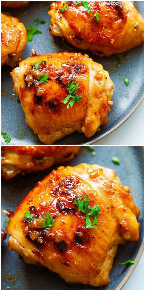 Juicy baked chicken thighs are easy to make and the most delicious oven baked chicken thighs ever! Baked chicken thighs with crispy skin, brown sugar, garlic ...