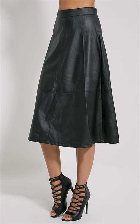 Alison Black Faux Leather A Line Midi Skirt Prettylittlething