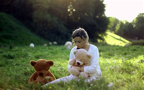 Wallpaper Women Outdoors Grass Teddy Bears Child Flower Meadow