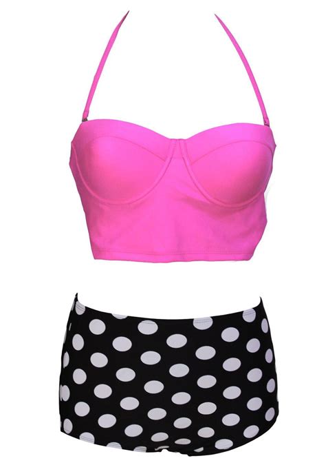 Retro Polka Dot Pink Top Swimsuit Bikini Bikinis Vintage Swimwear