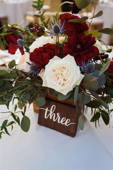 Burgundy Blush And Ivory Wedding Reception Centerpiece With Roses And