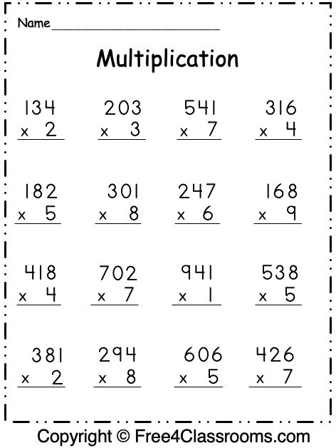 Free Multiplication Worksheet 3 Digit By 1 Digit Free4classrooms