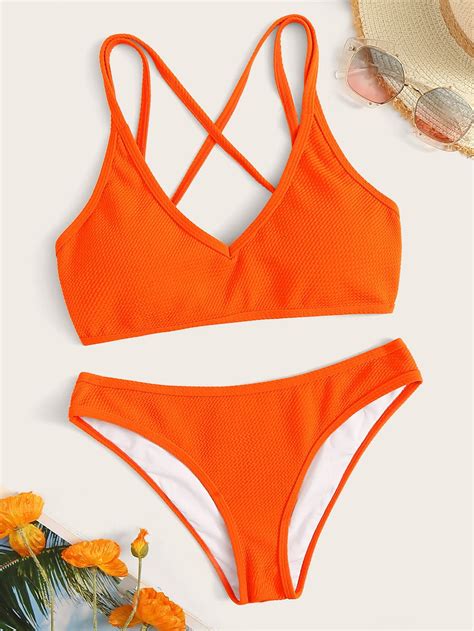 Neon Orange Lace Up Back Textured Bikini Set Ad Ad Laceorange
