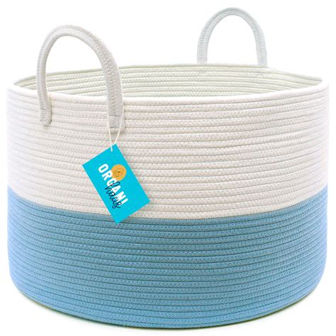 Cotton Rope Storage Basket Blue And Off White Wide Organihaus