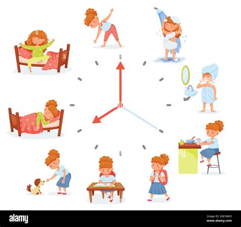 Cartoon Cute School Girl Daily Routine Activities Child Exercising