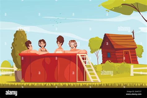 Bathing Cartoon Composition With Group Of Happy Young People Relaxing