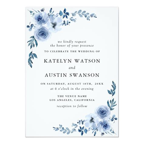 Lovely Dusty Blue Floral Wedding Invitation Floral