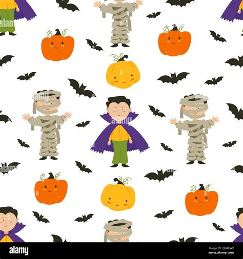 Halloween Ghosts Children In Halloween Costumes Pumpkins And Bats