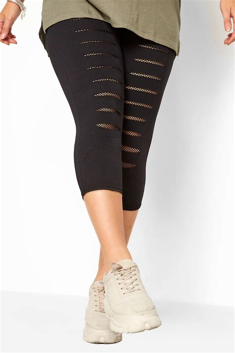 Black Ripped Fishnet Insert Cropped Leggings Yours Clothing