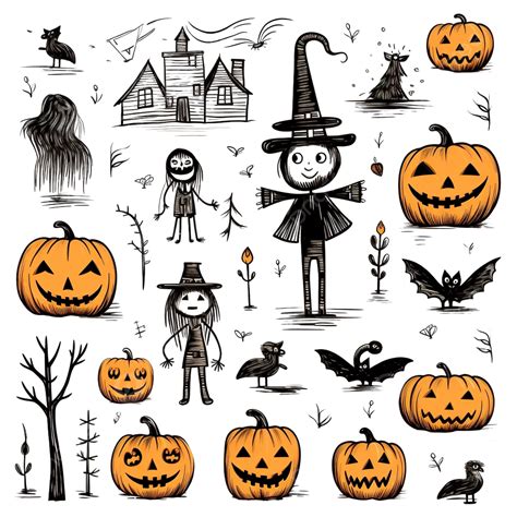 Hand Drawn Doodle Set With Scarecrow And Other Halloween Themed