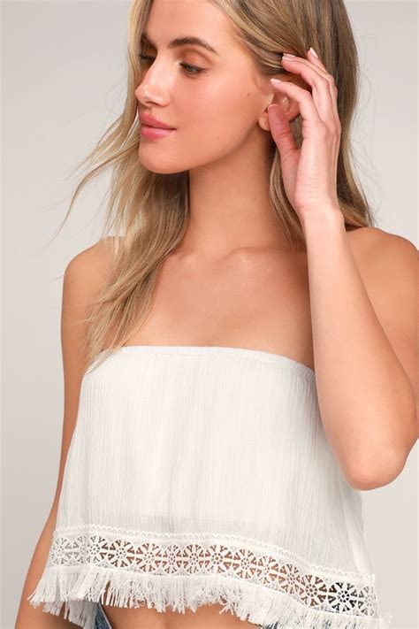 cute white crop top strapless top fringe top flounce top lulus