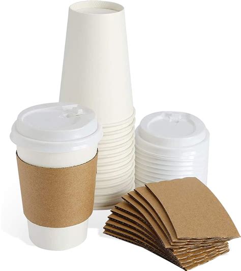 50 Sets Disposable Coffee Cups With Lids And Sleeves 16 Oz White