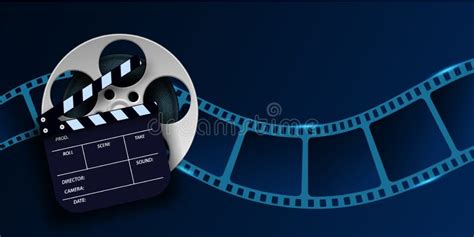 Cinema Film Strip Wave Film Reel And Clapper Board Isolated On Blue