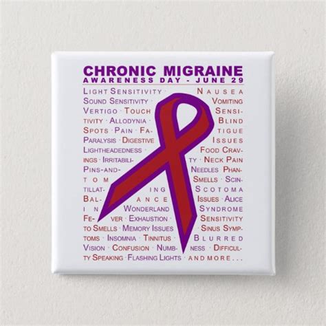 Chronic Migraine Awareness Symptoms And Ribbon Btn 15 Cm Square Badge