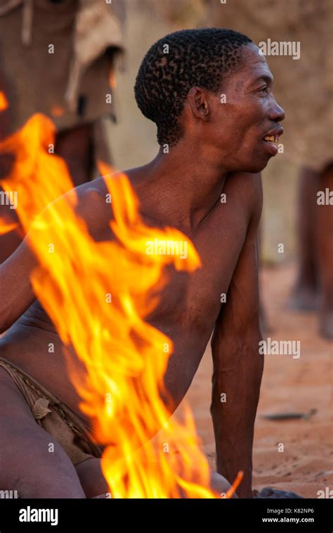 Ju Hoansi Or San Bushmen Hunter Gathering Around Camp Fire At Their Village Grashoek They Are
