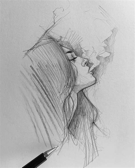 A Pencil Drawing Of A Womans Face With Her Hair Blowing In The Wind