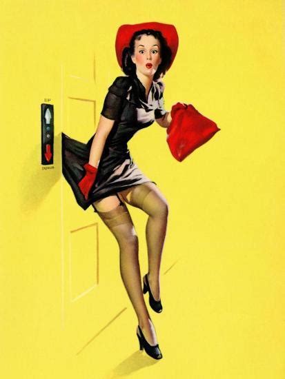 Going Up Retro Pin Up Girl With Dress Caught In Elevator By Gil