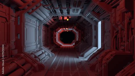 3d Clay Rendering Of Realistic Sci Fi Dark Corridor With Red Light