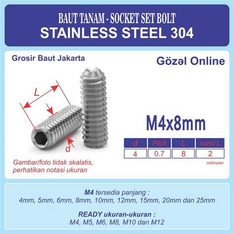 Jual Baut L Tanam L Set M4 X8mm P07mm K2mm Stainless Steel 304 Ss304