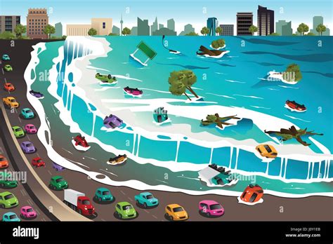 A Vector Illustration Of Giant Tsunami Waves Crashing Town Stock Vector