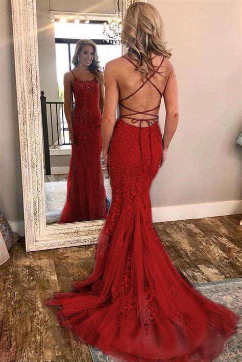 Mermaid Red Spaghetti Strap Lace Appliques Long Prom Dress Simibridaldresses