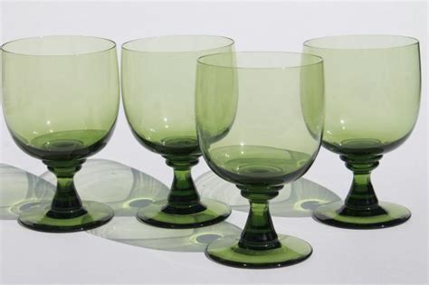 Vintage Green Glass Water Goblets Or Large Wine Glasses Moss Olive