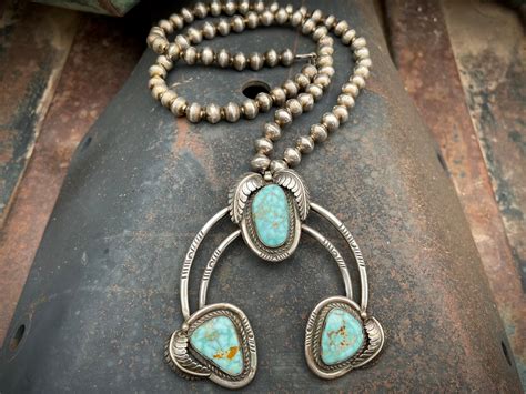 Navajo Eddie Chee Turquoise Naja Pendant Silver Bead Necklace Vintage