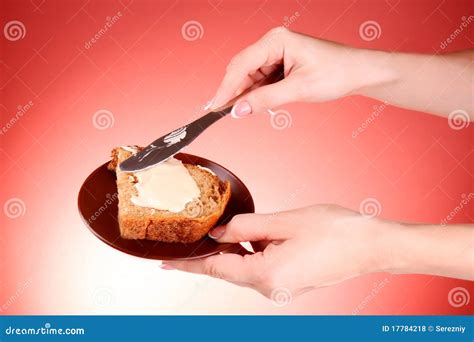 Woman Hands Spread Bread With Butter Stock Photo Image Of Foodstuff
