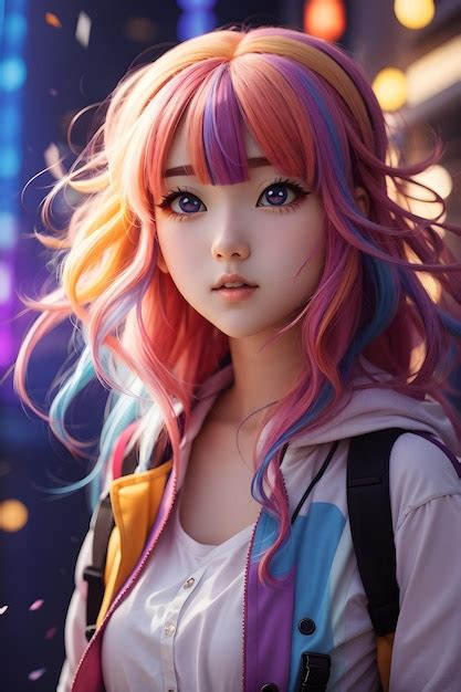 Premium Ai Image Cute Anime Girl With Rainbow Hair Rainbow Colorful