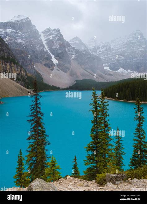 Lake Moraine During A Cold Snowy Day In Canada Turquoise Waters Of The