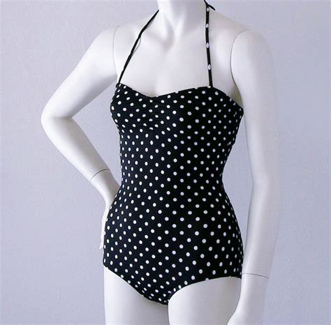 Black Polka Dot Retro Pinup One Piece Swimsuit Made To Order Etsy