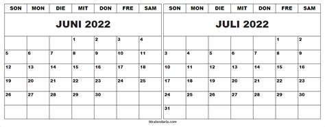 Kalender Juni Juli 2022 Zum Ausdrucken Leeren Kalender Drucken 2022