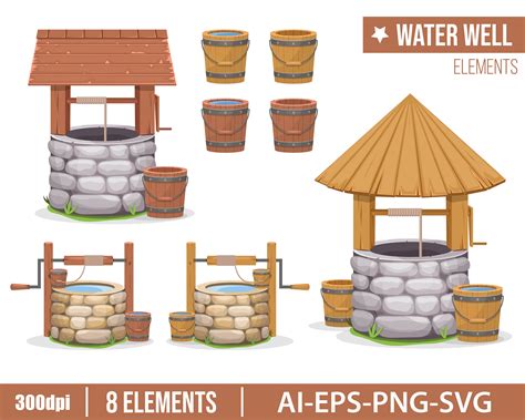 Old Water Well Clipart Vector Design Illustration Water Etsy