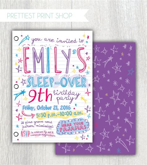 Girls Slumber Party Notebook Paper Doodles Invitation Girl Birthday 9th