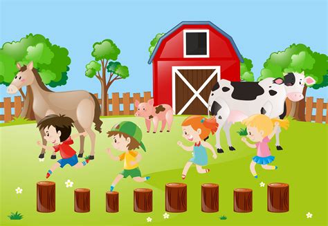 Farm Scene With Kids Running In The Field 369750 Vector Art At Vecteezy