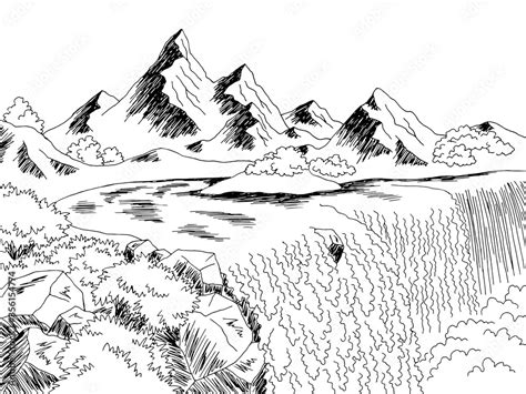 Waterfall Mountain River Graphic Black White Landscape Sketch