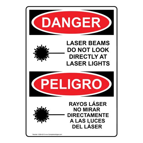 Vertical Laser Beams Look Directly Lights Bilingual Sign Osha Danger