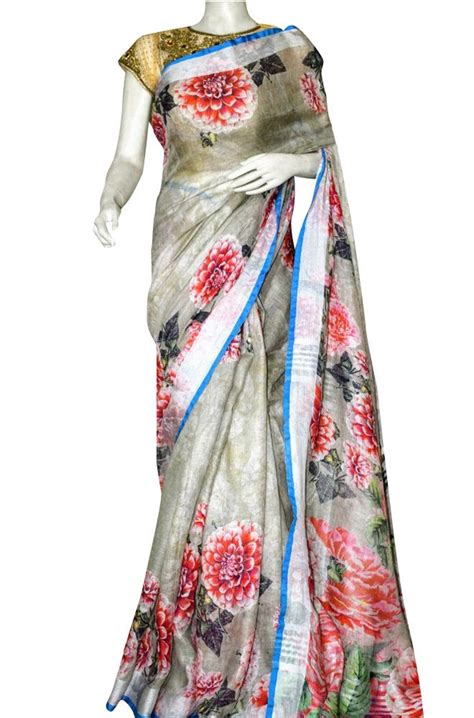 Multicolor Digital Printed Linen Silk Saree Linensaree Saree