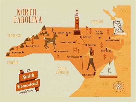 An Illustrated Map Of North Carolina With People And Places To Go On