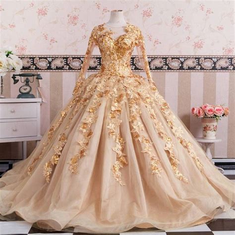 Gold Long Sleeves Wedding Dresses Ball Gowns Lace Embroidery Ball