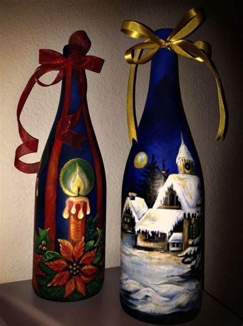 Christmas Ts Decorated Bottles Of Wine Hand Painted Acrylic Paint