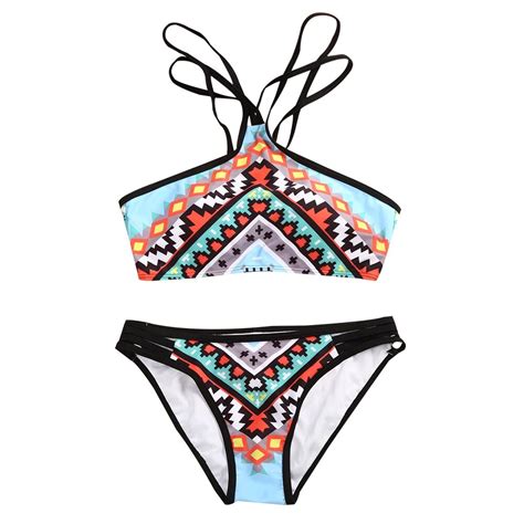 2015 New Bikini Set Geometric Blue Swimsuit Swimwear Beachwear Bathing Suits High Neck Sexy