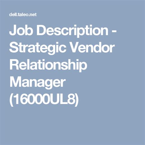 Apply to real estate manager, real estate associate, asset manager and more! Job Description - Strategic Vendor Relationship Manager ...
