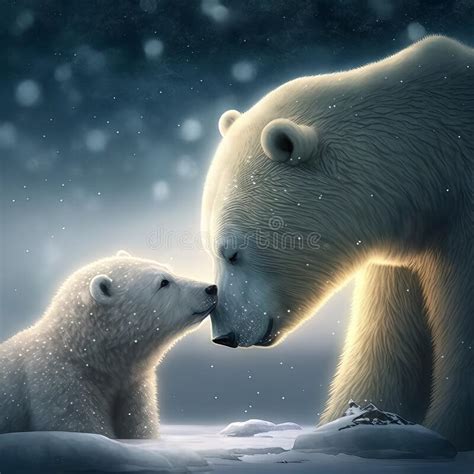 A Mother Polar Bear Cuddling And Grooming Her Cub In A Snowy Den Stock