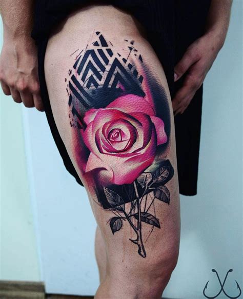Pink Rose And Black Pattern On Girls Thigh Best Tattoo