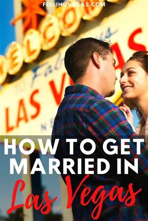 A Man And Woman Standing In Front Of A Sign With The Words How To Get Married In Las Vegas
