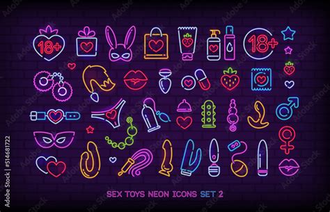 Sex Shop Toys And Icons In Colorful Neon Light Style Adult Store Logo With Bdsm Roleplay Icon